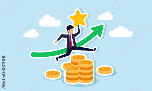 A businessman jumping over a stack of coins in front of a rising green graph while holding a star, illustration of the importance of business quality in increasing profit and revenue.