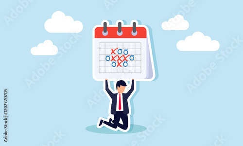 A businessman lifting a heavy calendar agenda, illustration of an overloaded business schedule. Illustration for your presentation and article