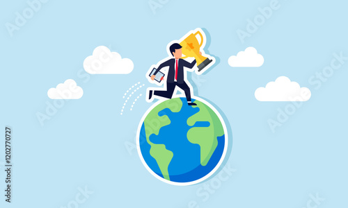 A businessman running around the globe carrying a trophy and a work board, illustration of plans to become a global business leader targeting a leading company