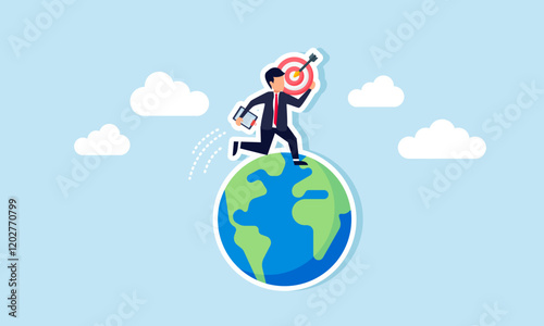 A businessman running around the globe carrying a target board and a work board, illustration of plans to become a global business player with big targets