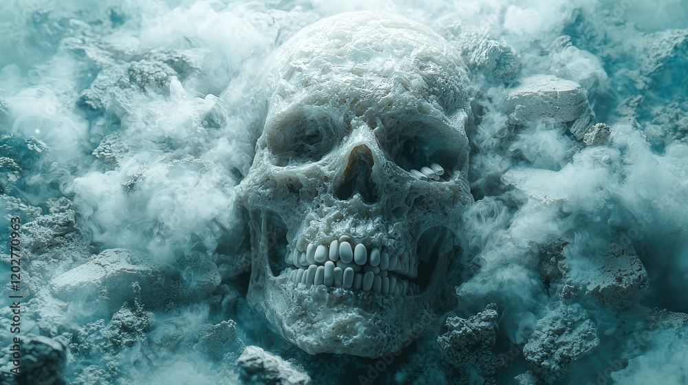 A weathered skull rests amidst ethereal smoke and rocks A weathered skull rests amidst ethereal smoke and rocks