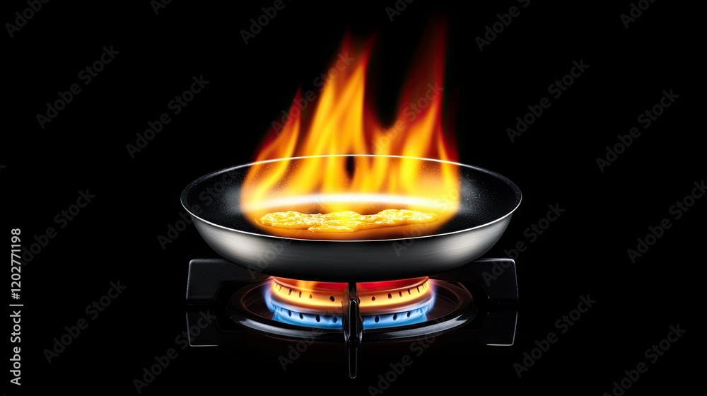 A gas stove with a frying pan sizzling, flames brightly visible beneath the pan as ingredients are being cooked. A gas stove with a frying pan sizzling, flames brightly visible beneath the pan as ingredients are being cooked.