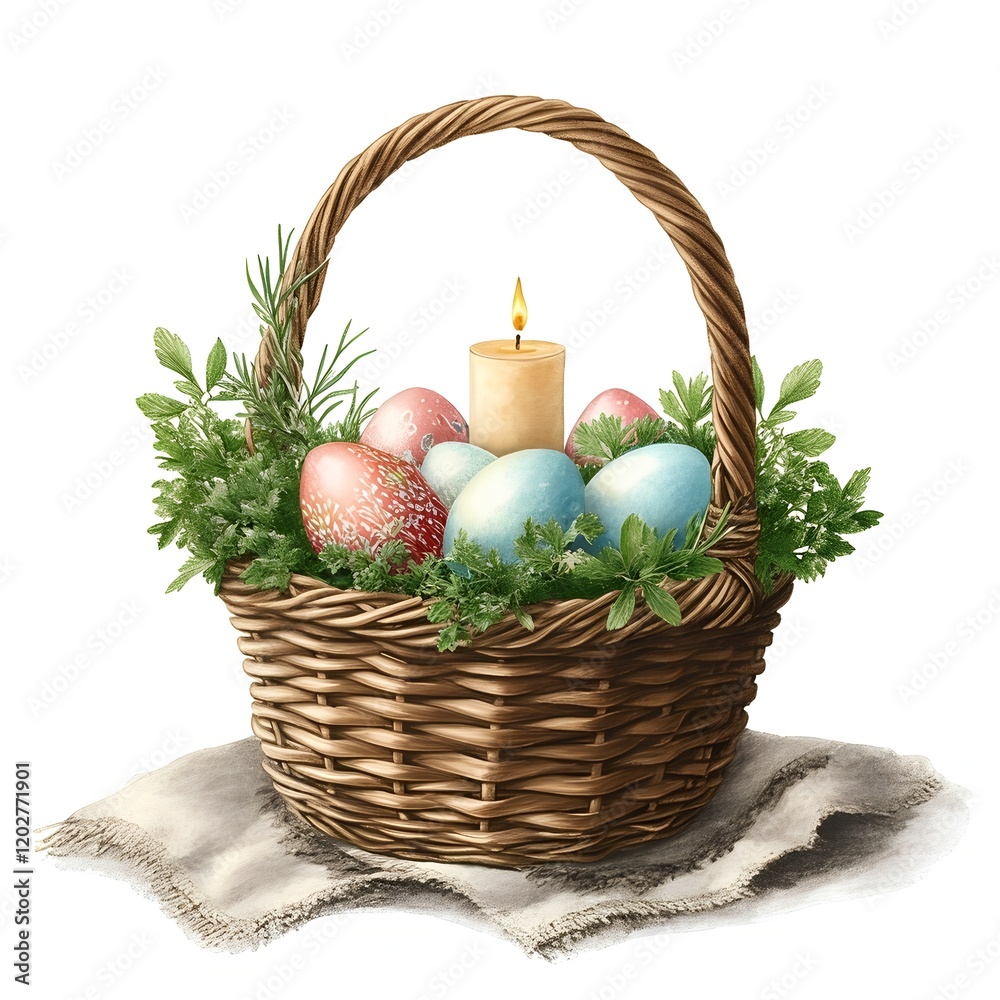 Easter basket with painted eggs and candle on a rustic linen cloth Easter basket with painted eggs and candle on a rustic linen cloth