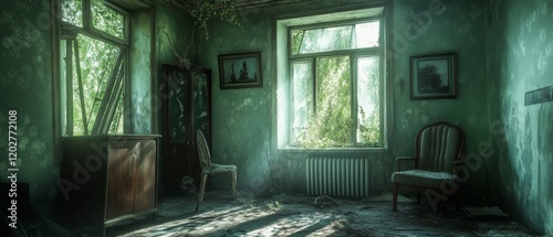 An abandoned room, bathed in eerie green light, reveals nature reclaiming its space through a broken window, evoking an air of mystery and decay. photo