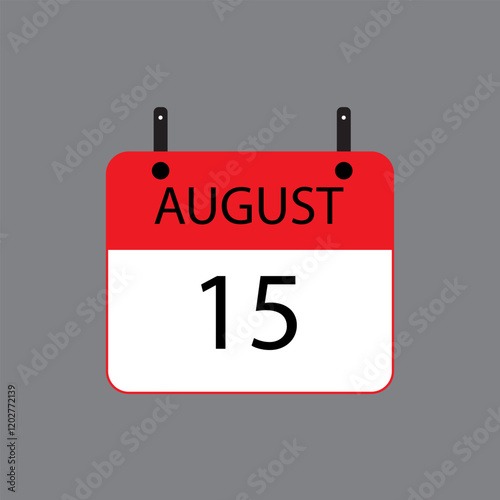 Calendar icon with date 15 august on grey background. Vector schedule symbol.