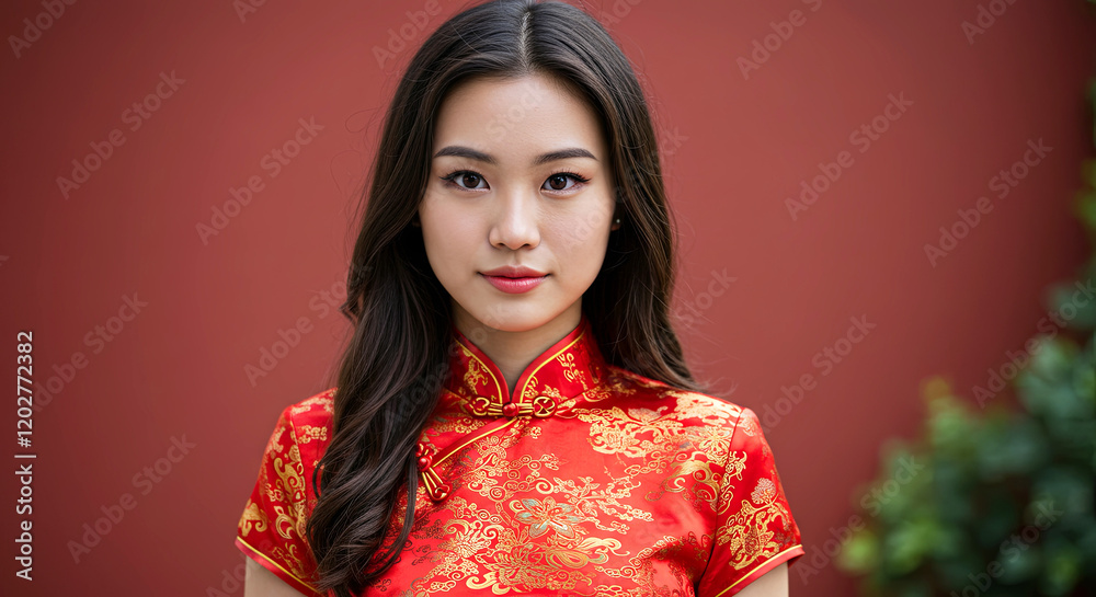 A young beautiful Asian woman with long hair, standing, wearing traditional red Chinese dress cheongsam, Chinese New Year A young beautiful Asian woman with long hair, standing, wearing traditional red Chinese dress cheongsam, Chinese New Year