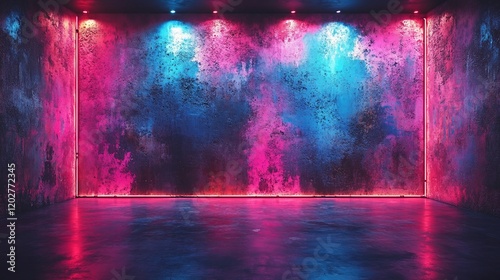 Neon Grunge Room: Vibrant Pink and Blue Wall with Reflective Floor