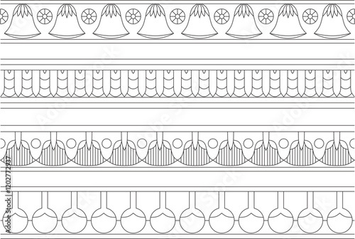 Vector set of black contour seamless Egyptian borders. Endless Ornaments of Ancient Egypt. Geometric African frame