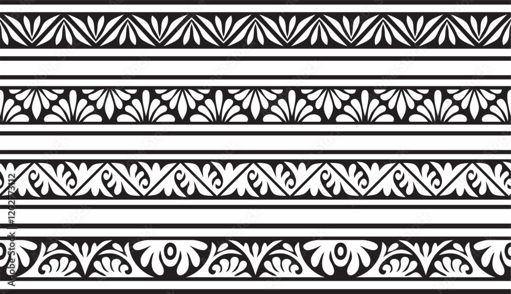 Vector set of black monochrome stencil classic byzantine ornament. Endless border, Ancient Greece, Eastern Roman Empire frame. Decoration of the Russian Orthodox Church Vector set of black monochrome stencil classic byzantine ornament. Endless border, Ancient Greece, Eastern Roman Empire frame. Decoration of the Russian Orthodox Church