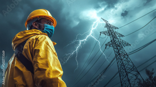 Wallpaper Mural Worker in Yellow Raincoat Observing Lightning Striking Electricity Tower Under Dark Stormy Sky at Night
 Torontodigital.ca