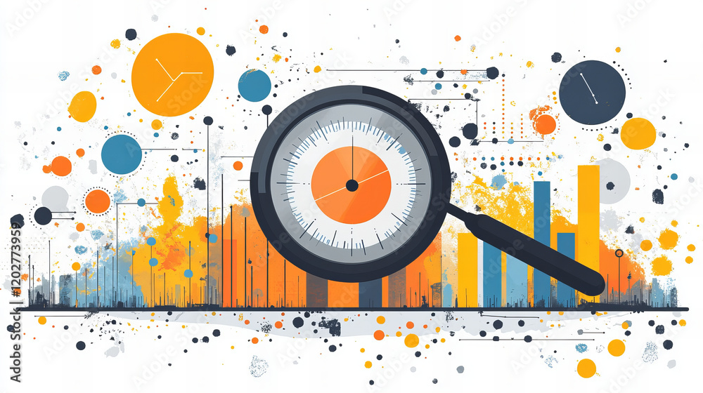 Obraz premium Digital marketing analysis with graphs, magnifying glass, and colorful data visualization elements, showcasing trends and insights in vibrant design