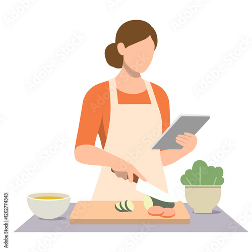 Woman Cooking Outline. Watching Recipes Online.