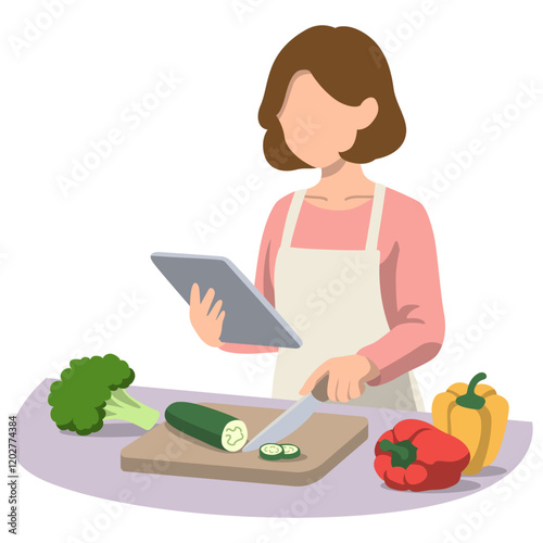 Woman Cooking Outline. Watching Recipes Online.