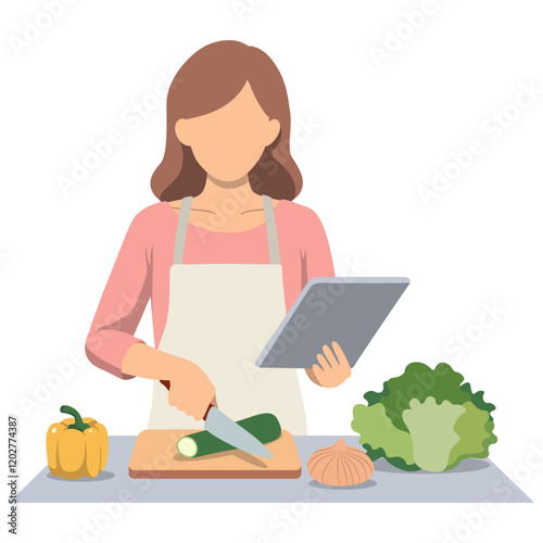 Woman Cooking Outline. Watching Recipes Online.
