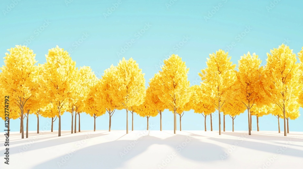 Vibrant Autumn Trees with Bright Yellow Leaves Under Clear Sky Vibrant Autumn Trees with Bright Yellow Leaves Under Clear Sky