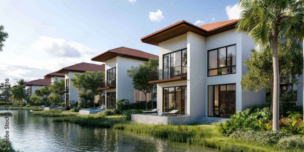 Fototapeta premium Relaxing waterfront villas tropical paradise real estate photography serene environment panoramic view luxury living