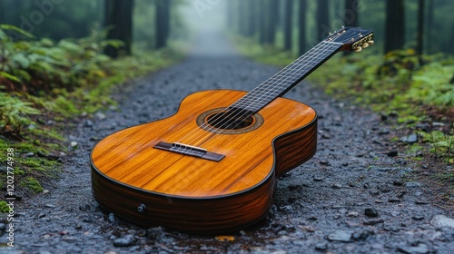 Acoustic Guitar Resting on a Serene Forest Pathway Surrounded by Nature