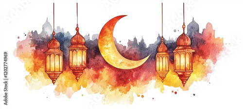 Watercolor Ramadan Kareem greeting card with crescent moon and lantern illustration on a white background, with copy space for a Muslim holiday banner or design element.