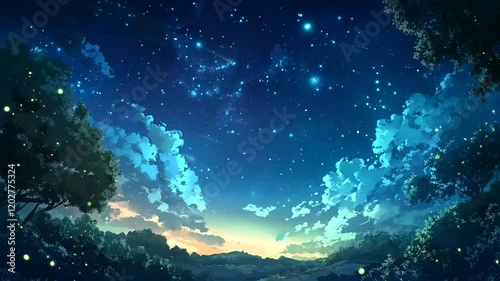 Simple night sky landscape on anime style. Special loop video clip