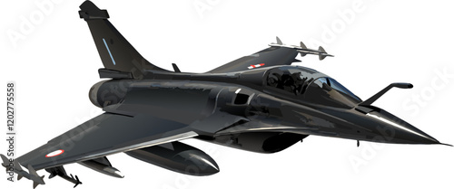 Dassault Rafale. This fighter jet is equipped with a variety of weapons, including missiles and bombs, which are visible under the wings and fuselage.