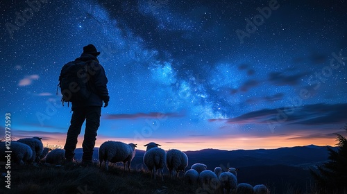 A silhouetted figure stands among sheep under a starry sky at twilight.