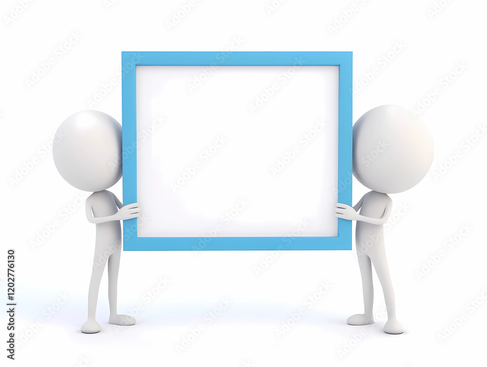 3D cartoon, two people holding up a blue frame with a white background, simple style, pure white background 3D cartoon, two people holding up a blue frame with a white background, simple style, pure white background