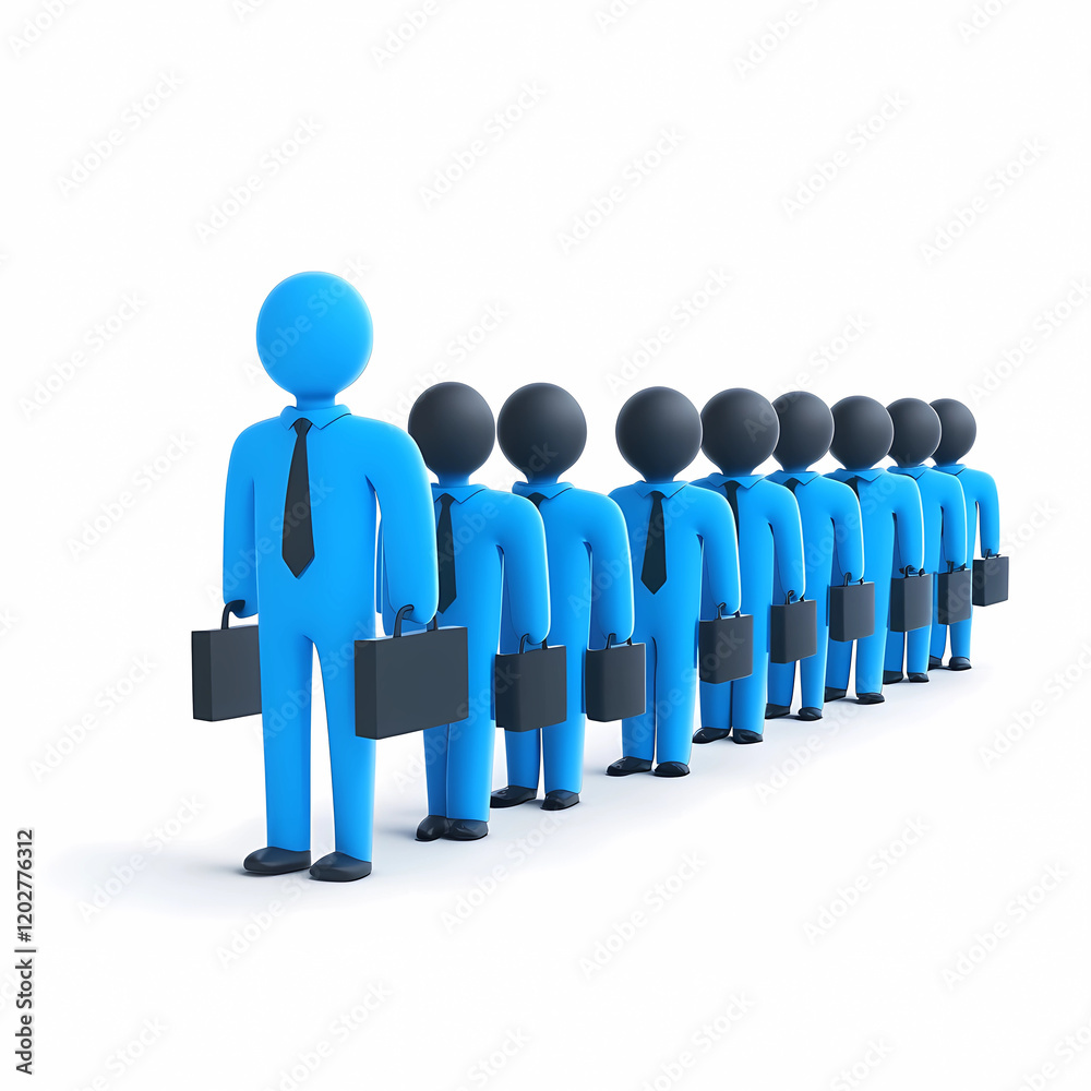 3D render of blue business people standing in line with briefcases, white background 3D render of blue business people standing in line with briefcases, white background