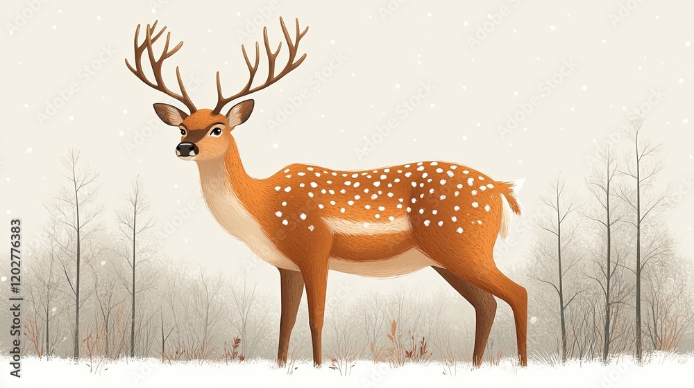 A stylized illustration of a deer standing in a snowy landscape with trees in the background. A stylized illustration of a deer standing in a snowy landscape with trees in the background.