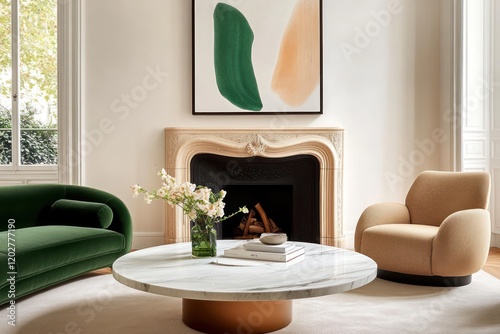 Art Deco Living Room with Marble Coffee Table, Green Sofa, and Terra Cotta Armchair