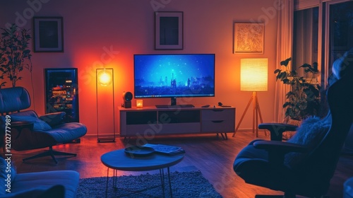 Cozy living room at night with TV, lamps, and armchairs.