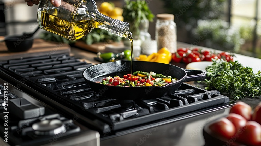 A home chef pouring oil into a cast-iron skillet on a stovetop, with fresh ingredients ready for cooking. A home chef pouring oil into a cast-iron skillet on a stovetop, with fresh ingredients ready for cooking.