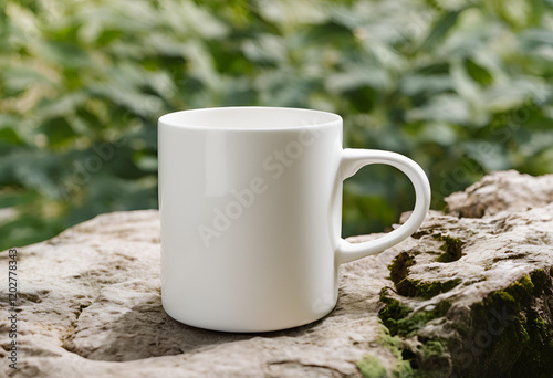 Blank white mug close up mockup on nature background. photo