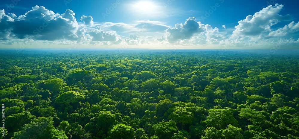 Aerial view of lush rainforest canopy under sunny sky. Nature conservation Aerial view of lush rainforest canopy under sunny sky. Nature conservation