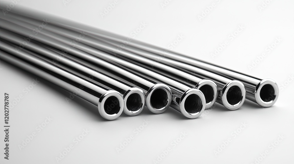 A collection of shiny metal tubes arranged in a row, showcasing their polished surface. A collection of shiny metal tubes arranged in a row, showcasing their polished surface.