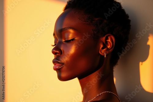 Stunning Portrait of a Young Woman with Short Hair Captured in Warm Light, Showcasing Natural Beauty and Inner Peace in a Serene Setting photo