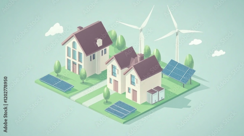A digital illustration of eco-friendly homes with solar panels and wind turbines. A digital illustration of eco-friendly homes with solar panels and wind turbines.