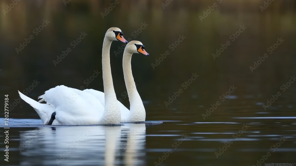 Fototapeta premium Two elegant white swans gliding gently on a tranquil lake, side by side, reflecting in the dark water