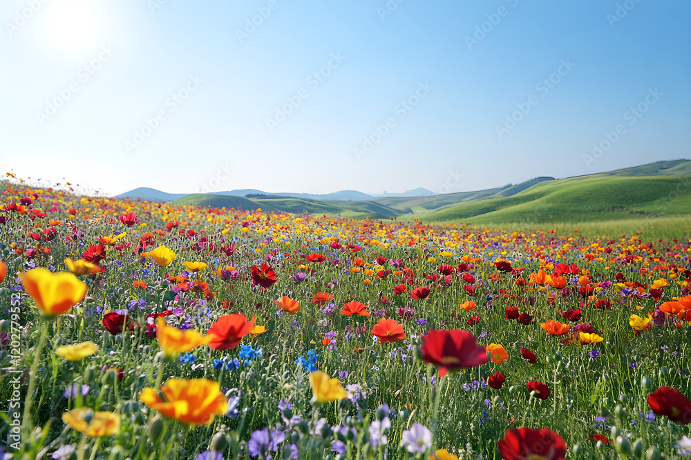 Vibrant Meadow Under Clear Blue Sky with Diverse Wildflowers and Rolling Hills in the Distance Vibrant Meadow Under Clear Blue Sky with Diverse Wildflowers and Rolling Hills in the Distance