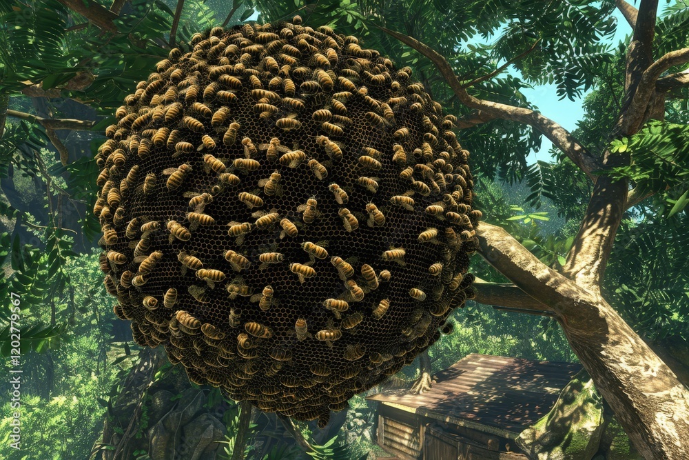 A large cluster of bees is hanging from a tree branch A large cluster of bees is hanging from a tree branch