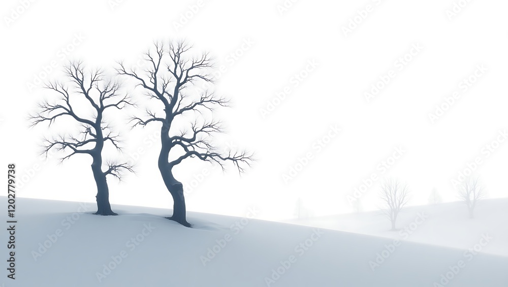 Fototapeta premium Two Bare Trees on a Snowy Hill in a Misty Landscape