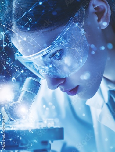 Wallpaper Mural Intrigued scientist intently studies microscopic sample illuminated by cool blue light. AI Generated Torontodigital.ca