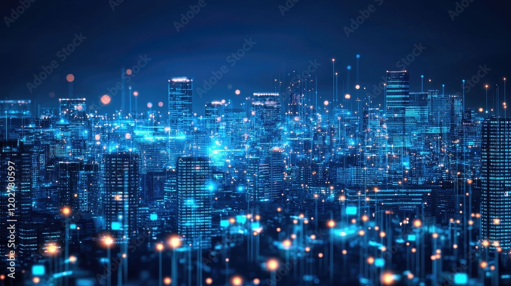 Fototapeta premium A stunning futuristic urban cityscape at night featuring blue neon lights and digital elements that highlight modern architecture and technological innovation.