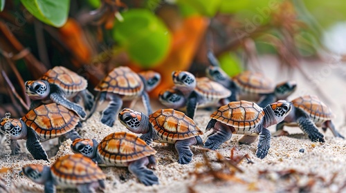 Group of little turtles emerging from cracked shells on the beach photo