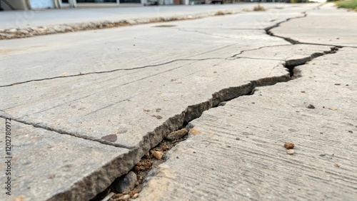 A crack in the sidewalk is shown with a lot of debris and dirt