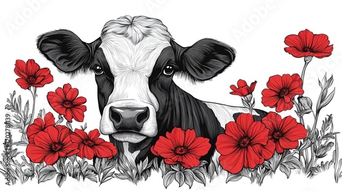 A black and white cow surrounded by vibrant red flowers, showcasing nature's beauty.