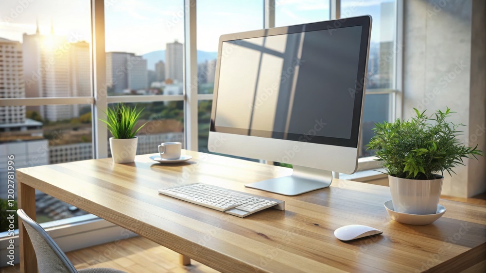 Modern Office Workspace with Scenic City View Featuring a Computer, Houseplants, and a Wooden Desk Bathed in Natural Light Modern Office Workspace with Scenic City View Featuring a Computer, Houseplants, and a Wooden Desk Bathed in Natural Light