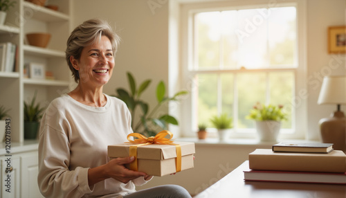Smiling woman holding gift box in bright living room
