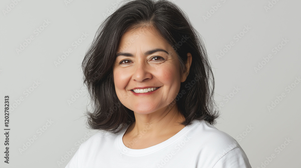 Smiling Latina woman, 30+, wearing white t-shirt, white background Smiling Latina woman, 30+, wearing white t-shirt, white background