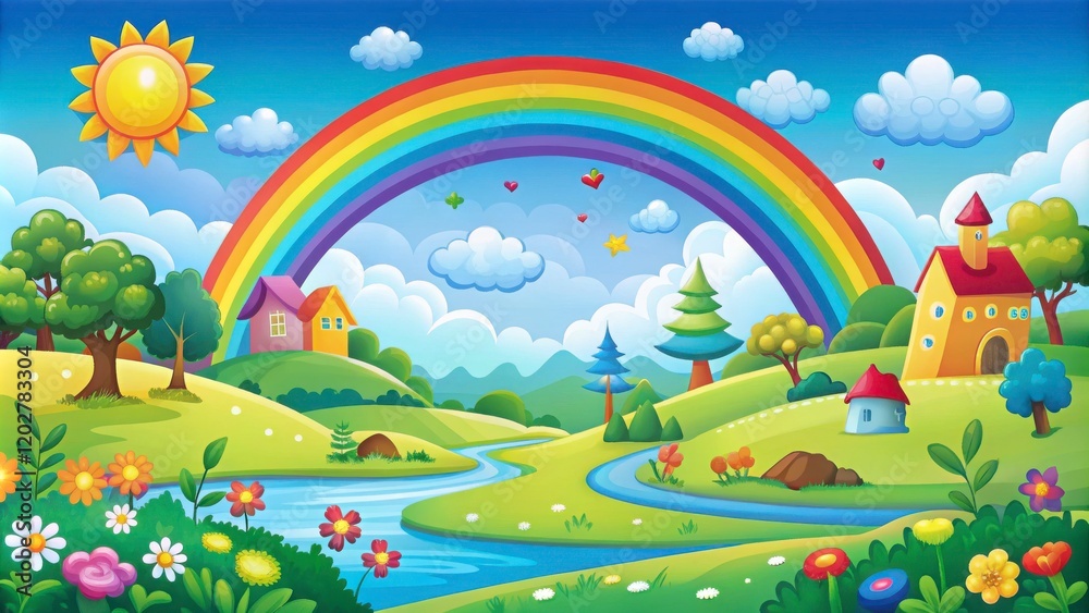 Vibrant and Whimsical Cartoon Landscape with Rainbow, Sun, Flowers, and Quaint Houses in a Bright Blue Sky Ideal for Children’s Art Projects and Designs Vibrant and Whimsical Cartoon Landscape with Rainbow, Sun, Flowers, and Quaint Houses in a Bright Blue Sky Ideal for Children’s Art Projects and Designs