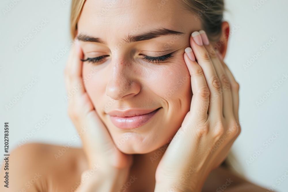 Close-Up of a Young Woman Gently Massaging Her Face for Relaxation and Skincare, Emphasizing Natural Beauty and Self-Care Close-Up of a Young Woman Gently Massaging Her Face for Relaxation and Skincare, Emphasizing Natural Beauty and Self-Care